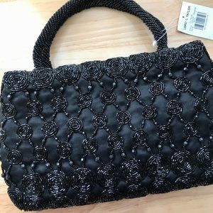 Lord & Taylor Black Satin Beaded Handbag Purse